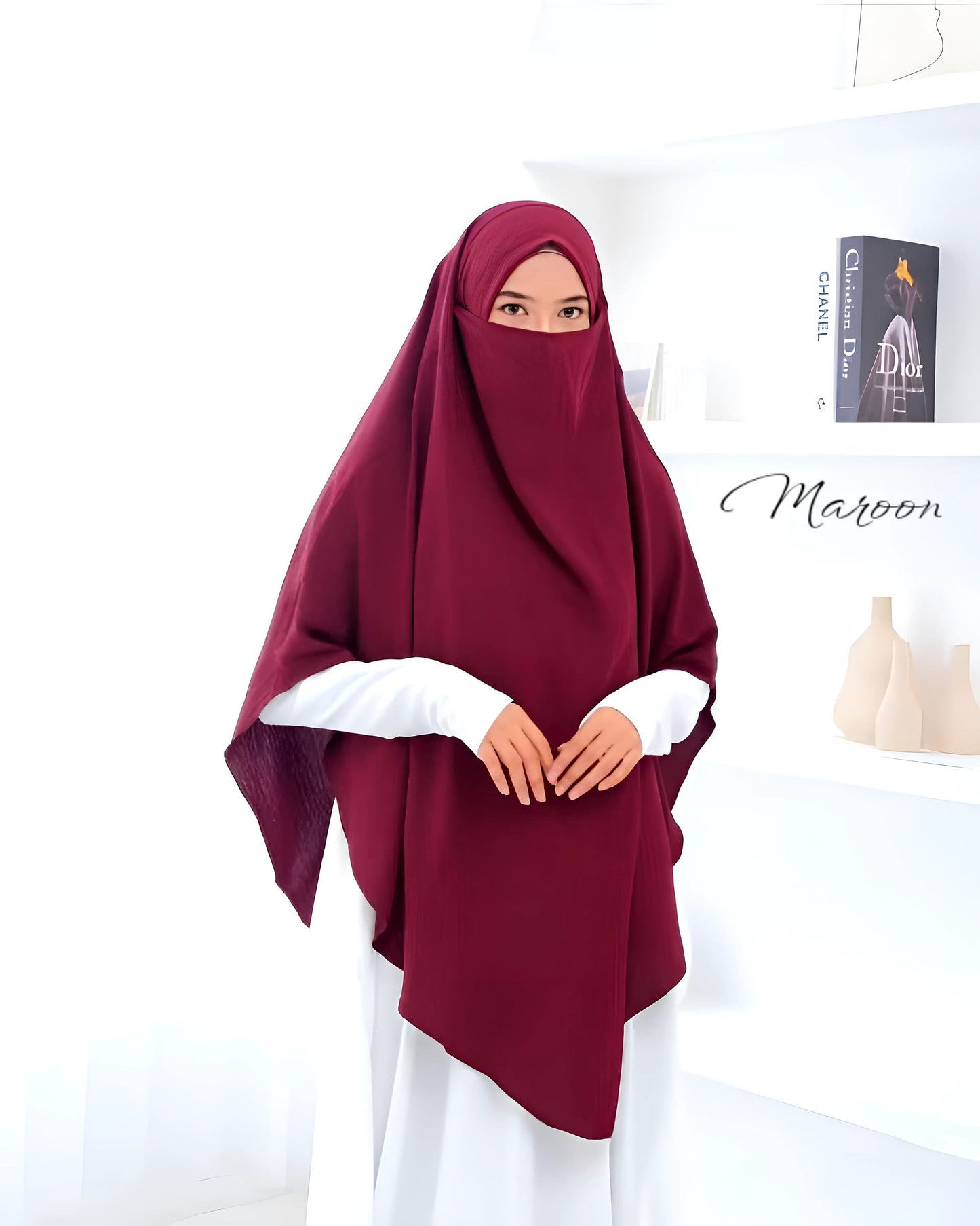 French Khimar Instant Hijab | Crinkle Airflow Modest Jilbab with Niqab | V-Cut Oval Design | Muslim Women Headwear | Daily & Prayer