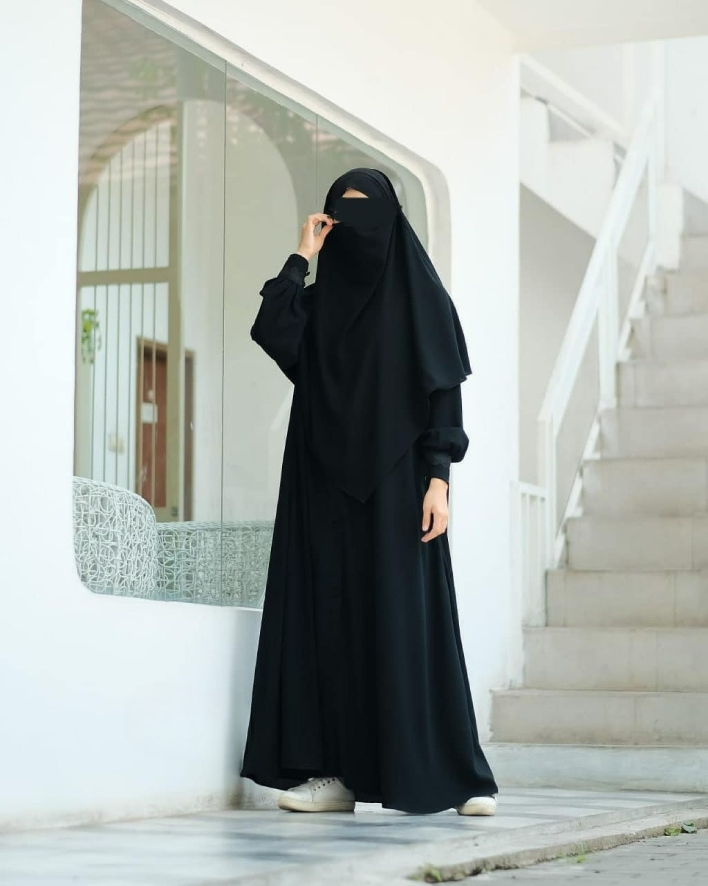 Abaya Marzin Full Black Transformer or Basic Non-Pad Khimar with Organdi Lace Free Half Niqab or Niqab Bandana