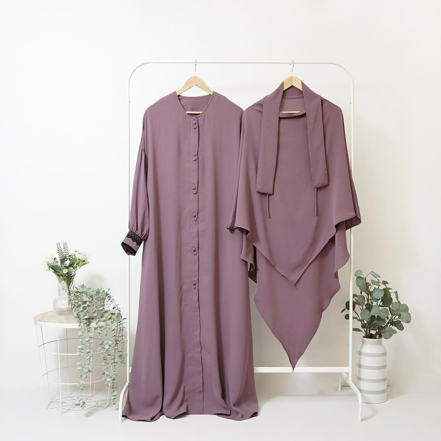 Abaya Marzi Rose Taupe Transformer or Basic Non-Pad Khimar with Organdi Lace Free Half Niqab or Niqab Bandana