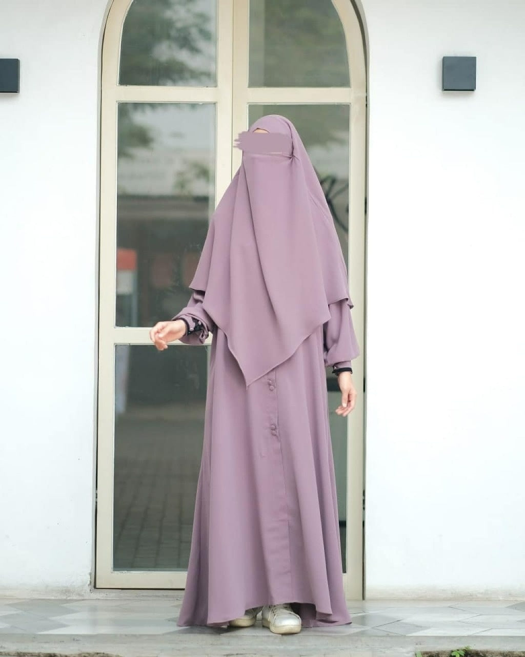 Abaya Marzi Rose Taupe Transformer or Basic Non-Pad Khimar with Organdi Lace Free Half Niqab or Niqab Bandana