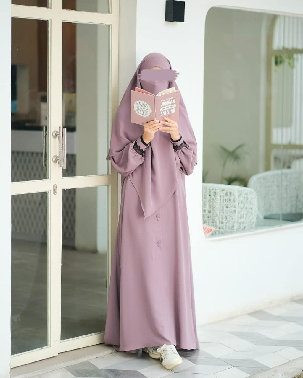 Abaya Marzi Rose Taupe Transformer or Basic Non-Pad Khimar with Organdi Lace Free Half Niqab or Niqab Bandana