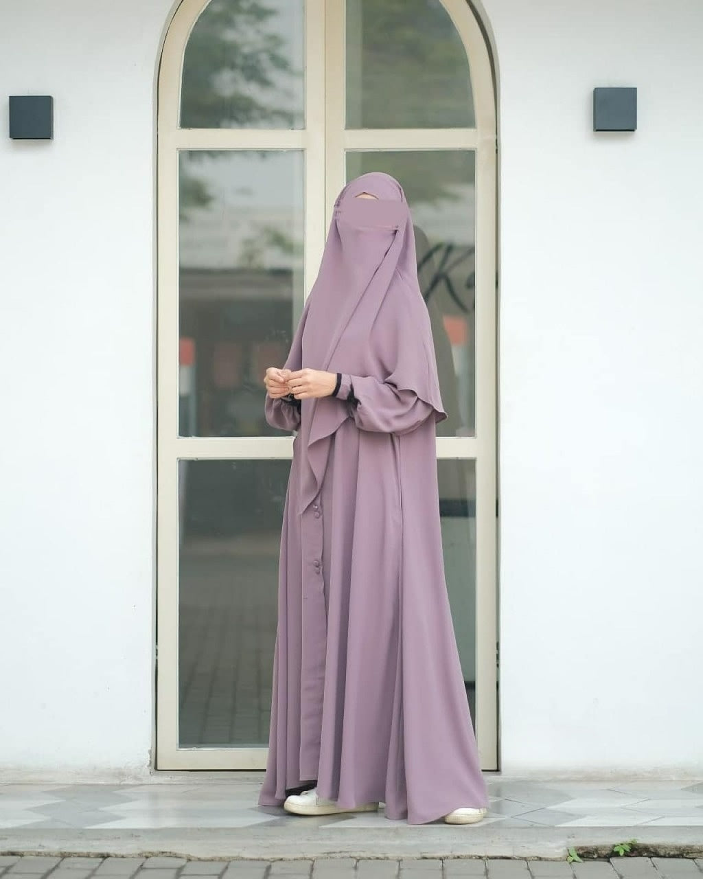 Abaya Marzi Rose Taupe Transformer or Basic Non-Pad Khimar with Organdi Lace Free Half Niqab or Niqab Bandana