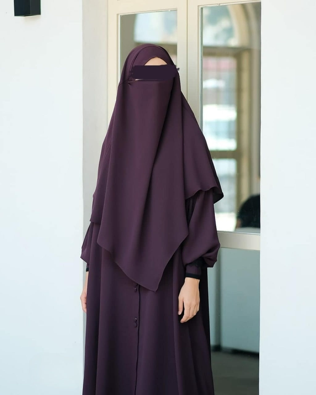 Abaya Marzi Dark Plum Transformer or Basic Non-Pad Khimar with Organdi Lace Free Half Niqab or Niqab Bandana