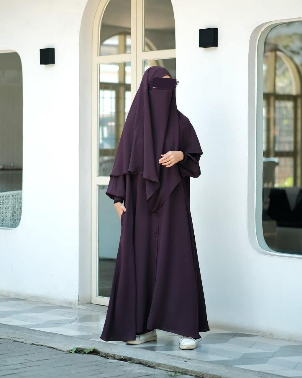 Abaya Marzi Dark Plum Transformer or Basic Non-Pad Khimar with Organdi Lace Free Half Niqab or Niqab Bandana