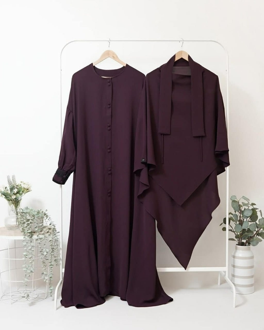 Abaya Marzi Dark Plum Transformer or Basic Non-Pad Khimar with Organdi Lace Free Half Niqab or Niqab Bandana