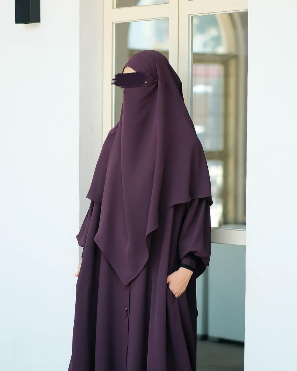 Abaya Marzi Dark Plum Transformer or Basic Non-Pad Khimar with Organdi Lace Free Half Niqab or Niqab Bandana