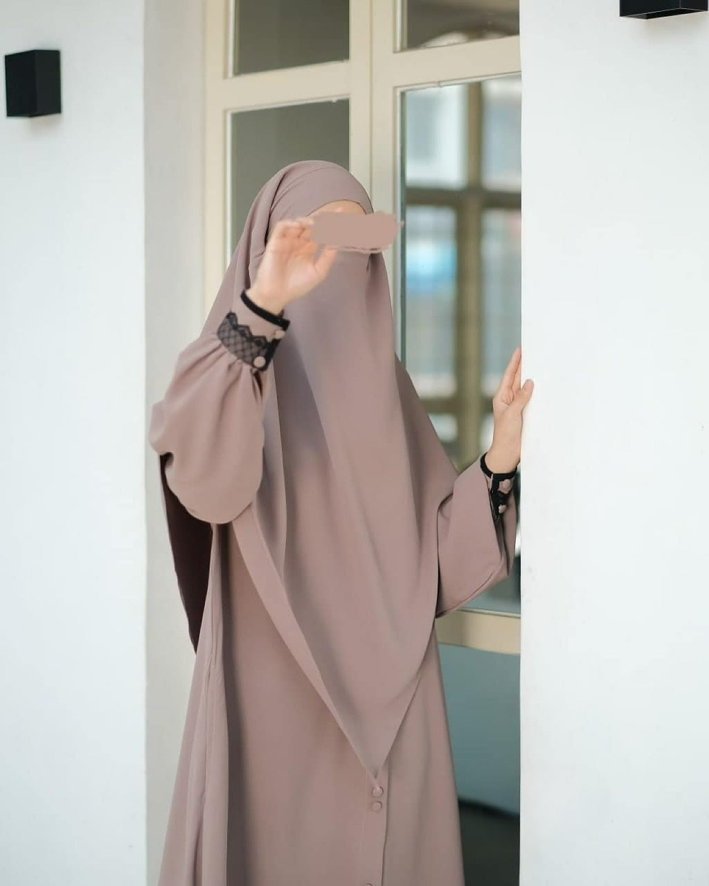 Abaya Marzi Coffee Milk Transformer or Basic Non-Pad Khimar with Organdi Lace Free Half Niqab or Niqab Bandana