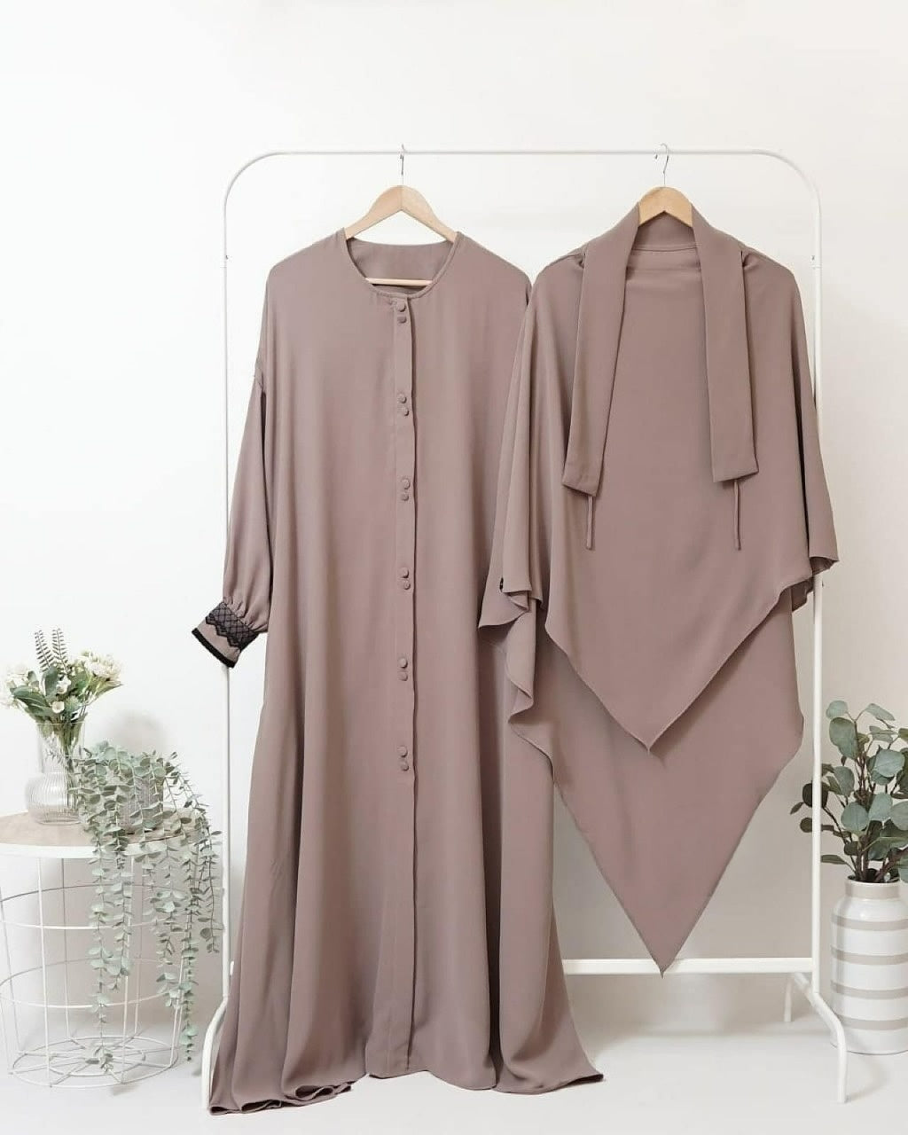 Abaya Marzi Coffee Milk Transformer or Basic Non-Pad Khimar with Organdi Lace Free Half Niqab or Niqab Bandana