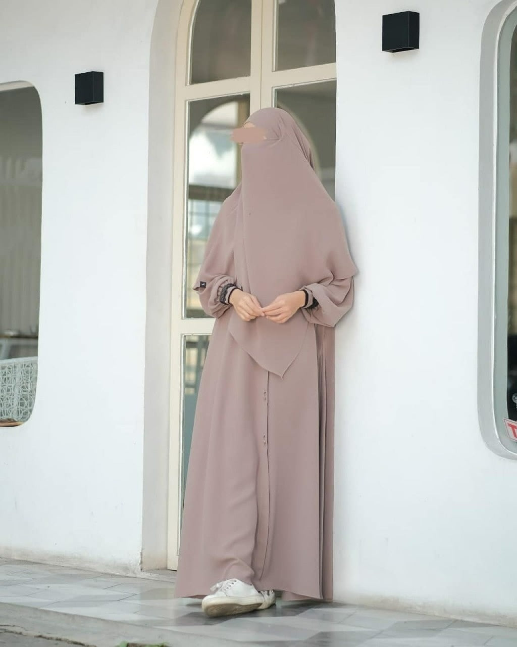 Abaya Marzi Coffee Milk Transformer or Basic Non-Pad Khimar with Organdi Lace Free Half Niqab or Niqab Bandana