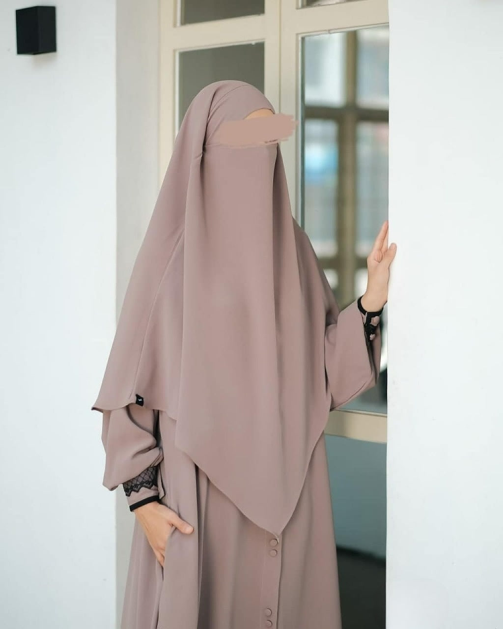 Abaya Marzi Coffee Milk Transformer or Basic Non-Pad Khimar with Organdi Lace Free Half Niqab or Niqab Bandana