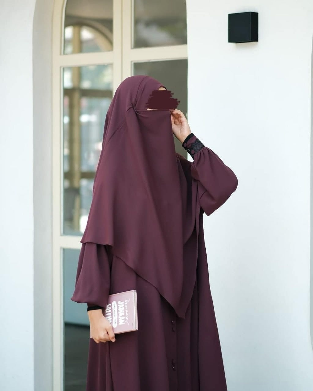 Abaya Marzi Dark Maroon Transformer or Basic Non-Pad Khimar with Organdi Lace Free Half Niqab or Niqab Bandana