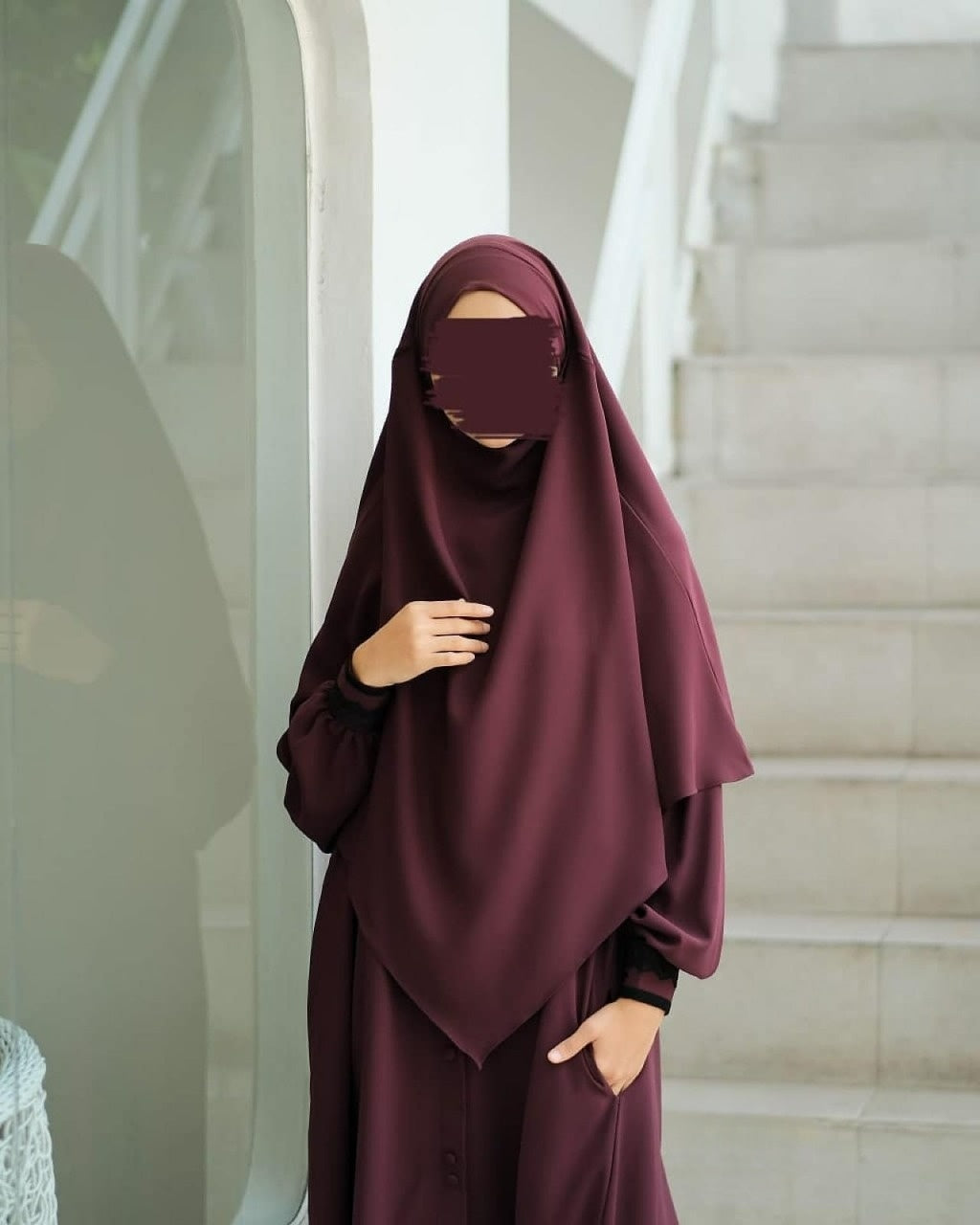 Abaya Marzi Dark Maroon Transformer or Basic Non-Pad Khimar with Organdi Lace Free Half Niqab or Niqab Bandana