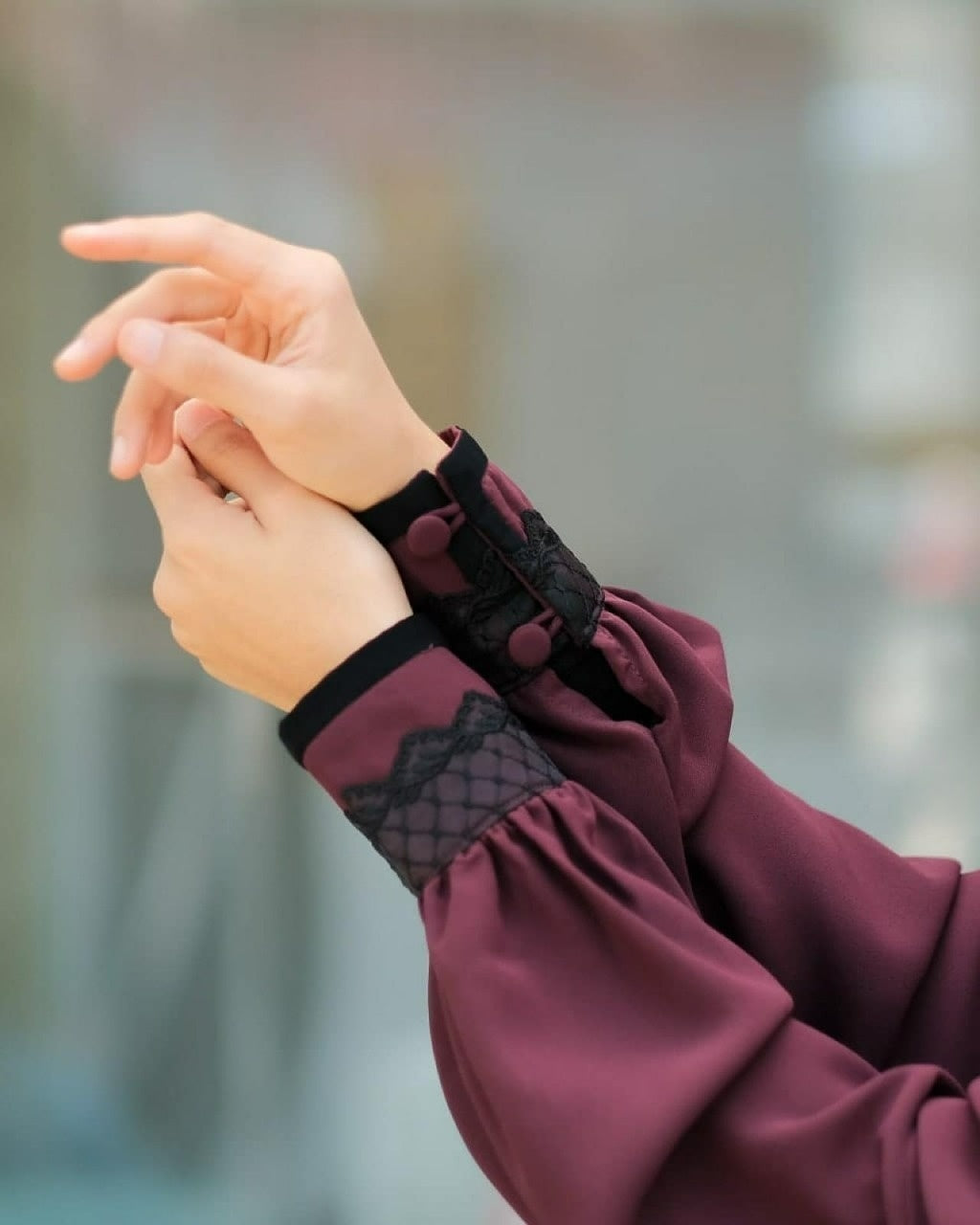 Cuff Detail with Organdy Lace Embellishment in Abaya Marzi Dark Maroon Color