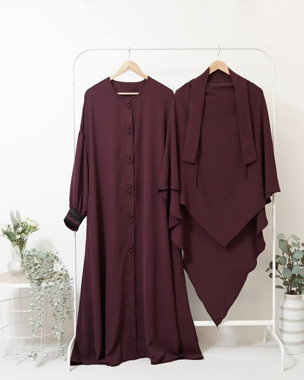 Abaya Marzi Dark Maroon Transformer or Basic Non-Pad Khimar with Organdi Lace Free Half Niqab or Niqab Bandana