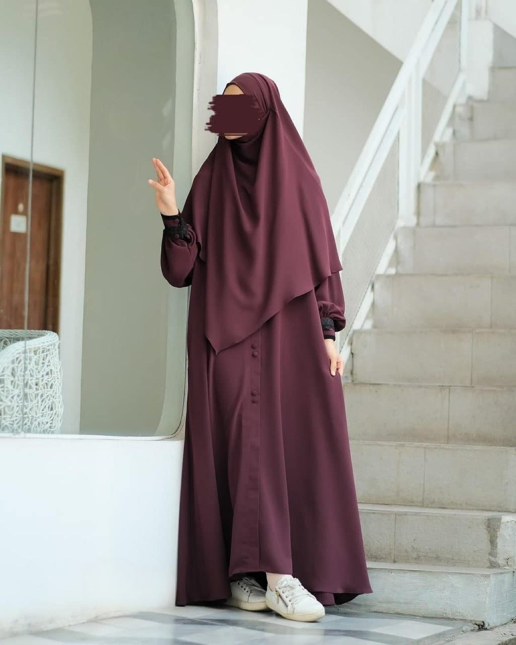 Abaya Marzi Dark Maroon Transformer or Basic Non-Pad Khimar with Organdi Lace Free Half Niqab or Niqab Bandana