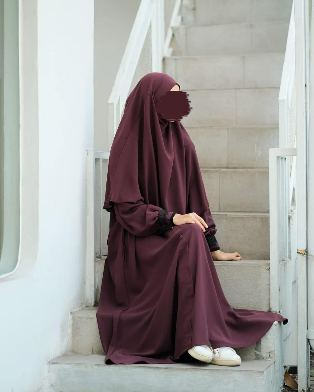 Abaya Marzi Dark Maroon Transformer or Basic Non-Pad Khimar with Organdi Lace Free Half Niqab or Niqab Bandana