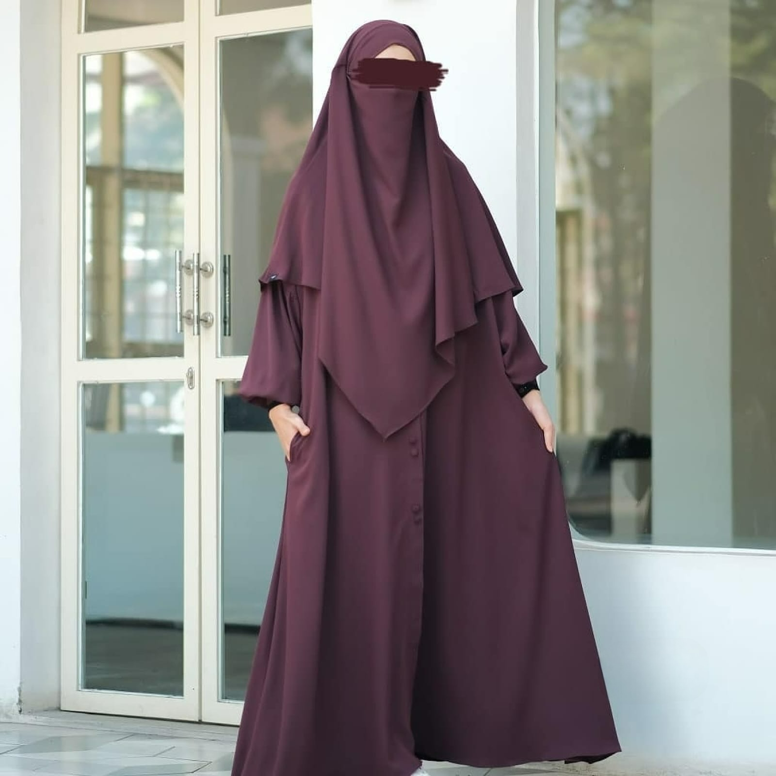 Abaya Marzi Dark Maroon Transformer or Basic Non-Pad Khimar with Organdi Lace Free Half Niqab or Niqab Bandana