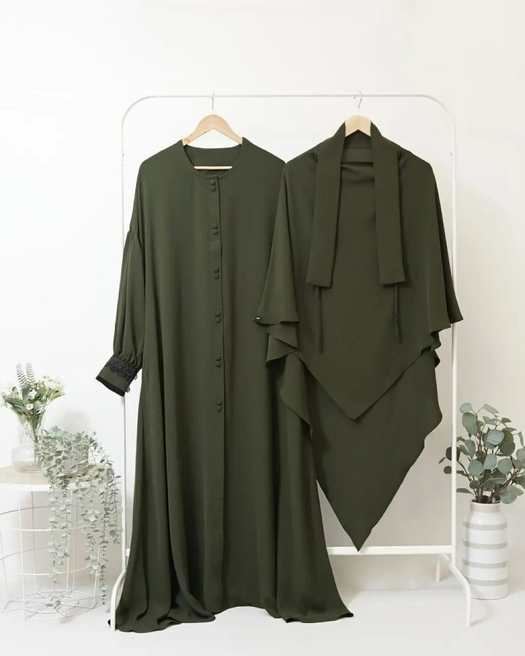 Abaya Marzi Army Green Transformer or Basic Non-Pad Khimar with Organdi Lace Free Half Niqab or Niqab Bandana