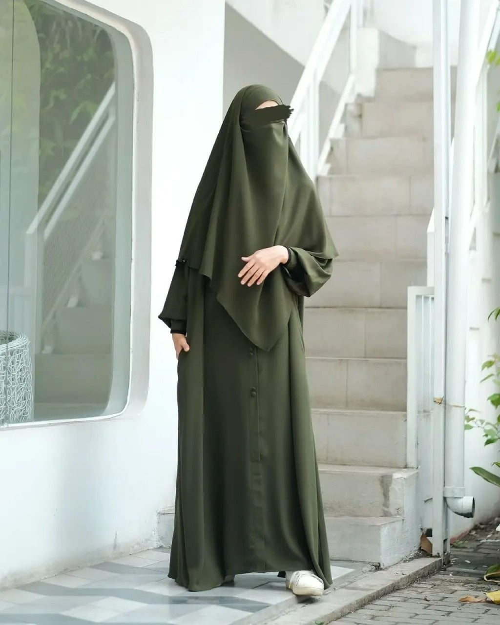 Abaya Marzi Army Green Transformer or Basic Non-Pad Khimar with Organdi Lace Free Half Niqab or Niqab Bandana