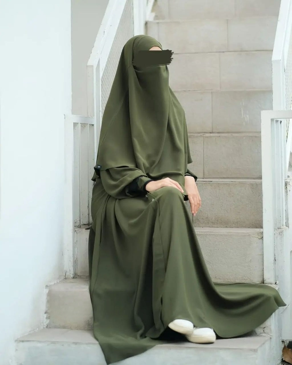 Abaya Marzi Army Green Transformer or Basic Non-Pad Khimar with Organdi Lace Free Half Niqab or Niqab Bandana