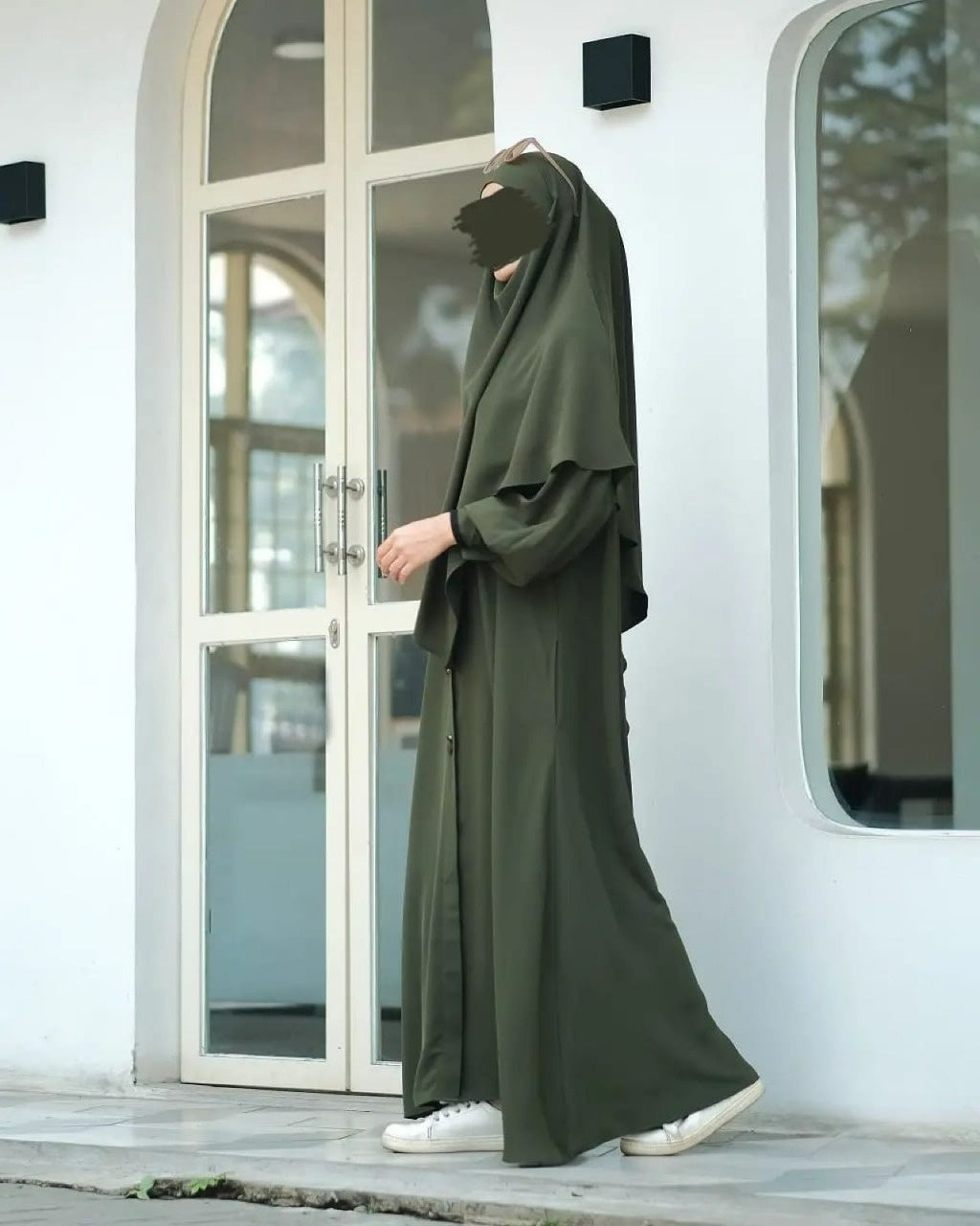 Abaya Marzi Army Green Transformer or Basic Non-Pad Khimar with Organdi Lace Free Half Niqab or Niqab Bandana