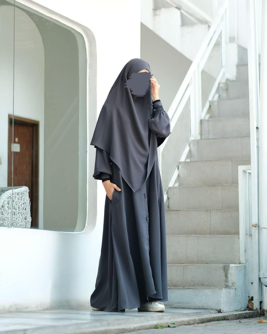 Abaya Marzi Dark Gray Transformer or Basic Non-Pad Khimar with Organdi Lace Free Half Niqab or Niqab Bandana