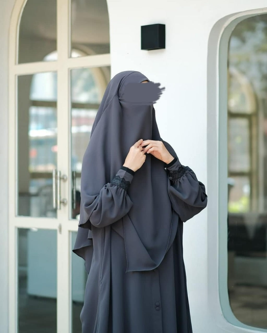 Abaya Marzi Dark Gray Transformer or Basic Non-Pad Khimar with Organdi Lace Free Half Niqab or Niqab Bandana