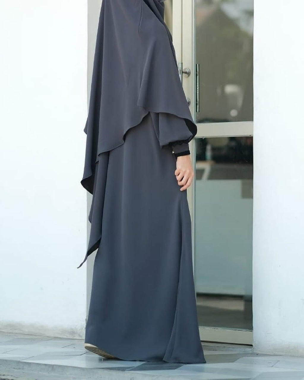 Abaya Marzi Dark Gray Transformer or Basic Non-Pad Khimar with Organdi Lace Free Half Niqab or Niqab Bandana