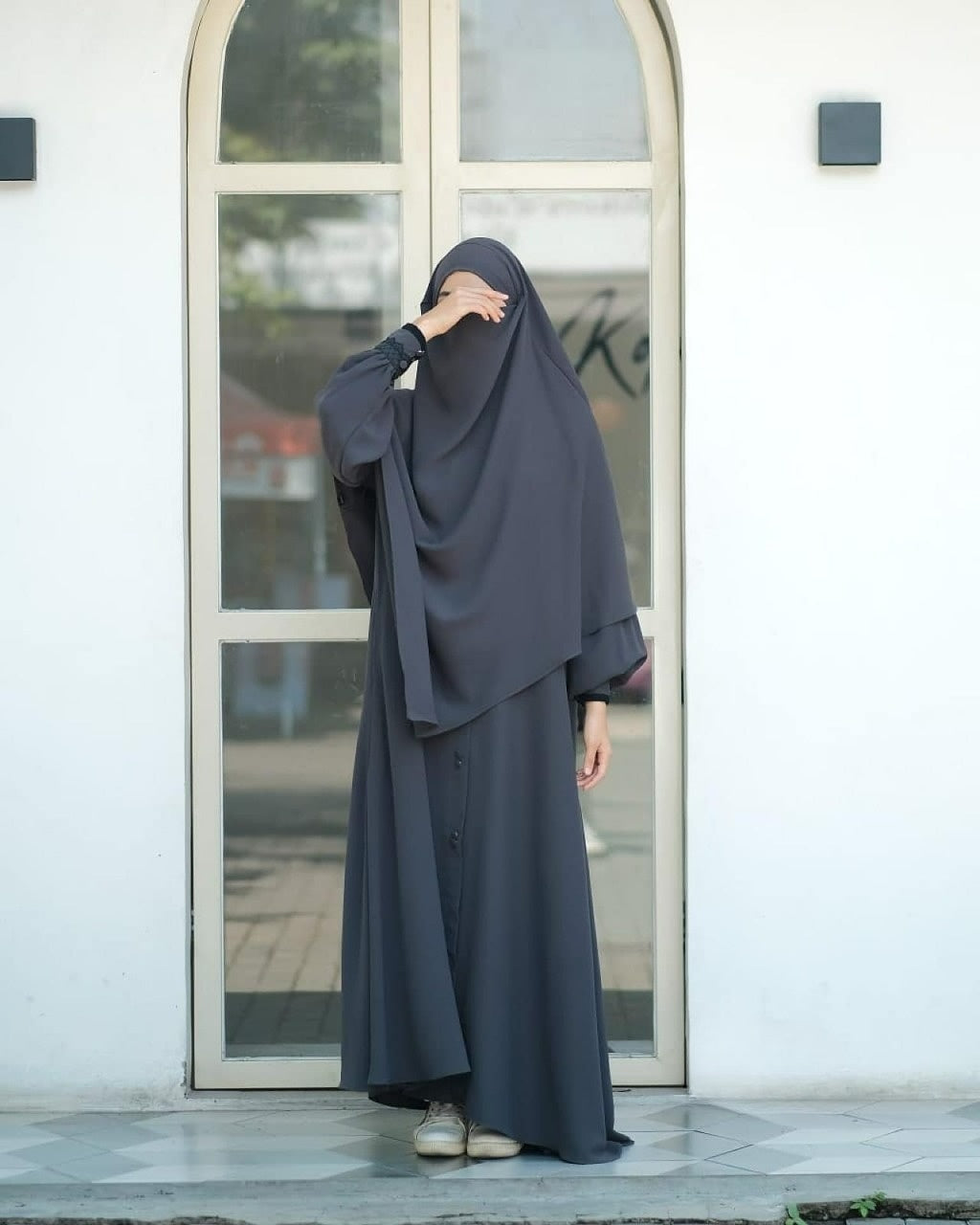 Abaya Marzi Dark Gray Transformer or Basic Non-Pad Khimar with Organdi Lace Free Half Niqab or Niqab Bandana