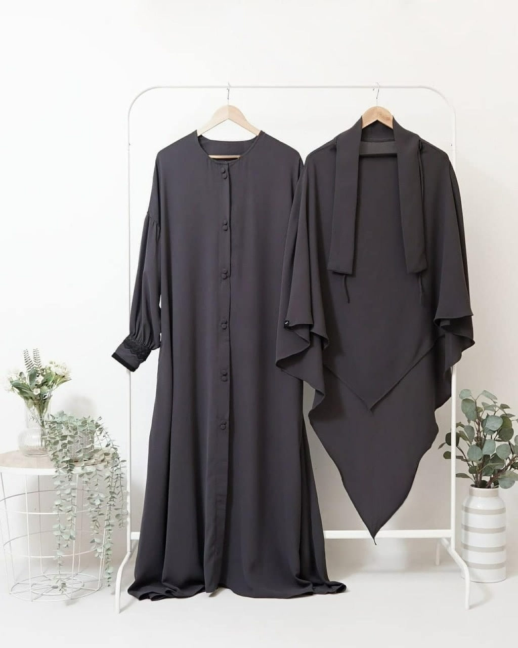 Abaya Marzi Dark Gray Transformer or Basic Non-Pad Khimar with Organdi Lace Free Half Niqab or Niqab Bandana