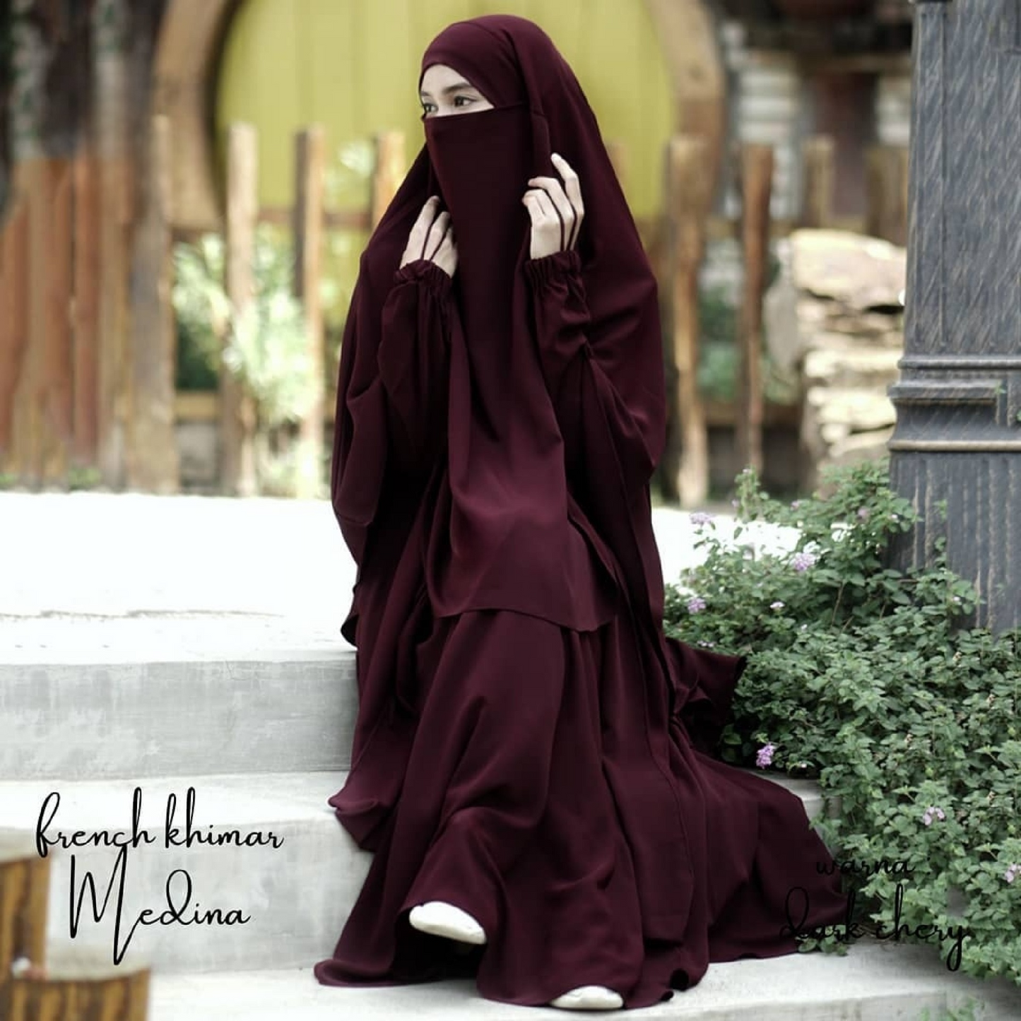 Abaya Medina in Dark Cherry Color with Anti-UV Fabric Transformer French Khimar Free Half Niqab