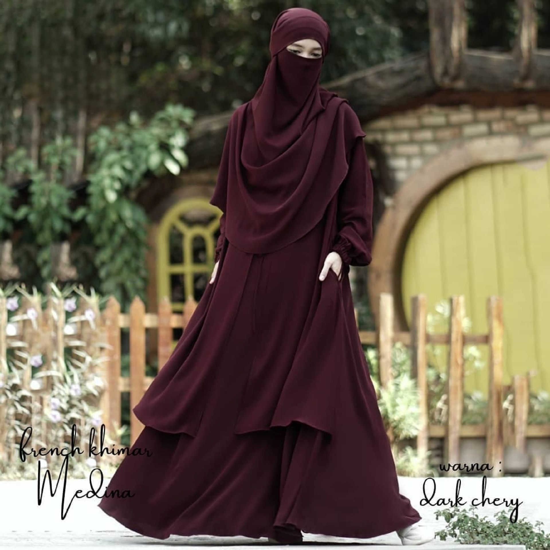 Abaya Medina in Dark Cherry Color with Anti-UV Fabric Transformer French Khimar Free Half Niqab