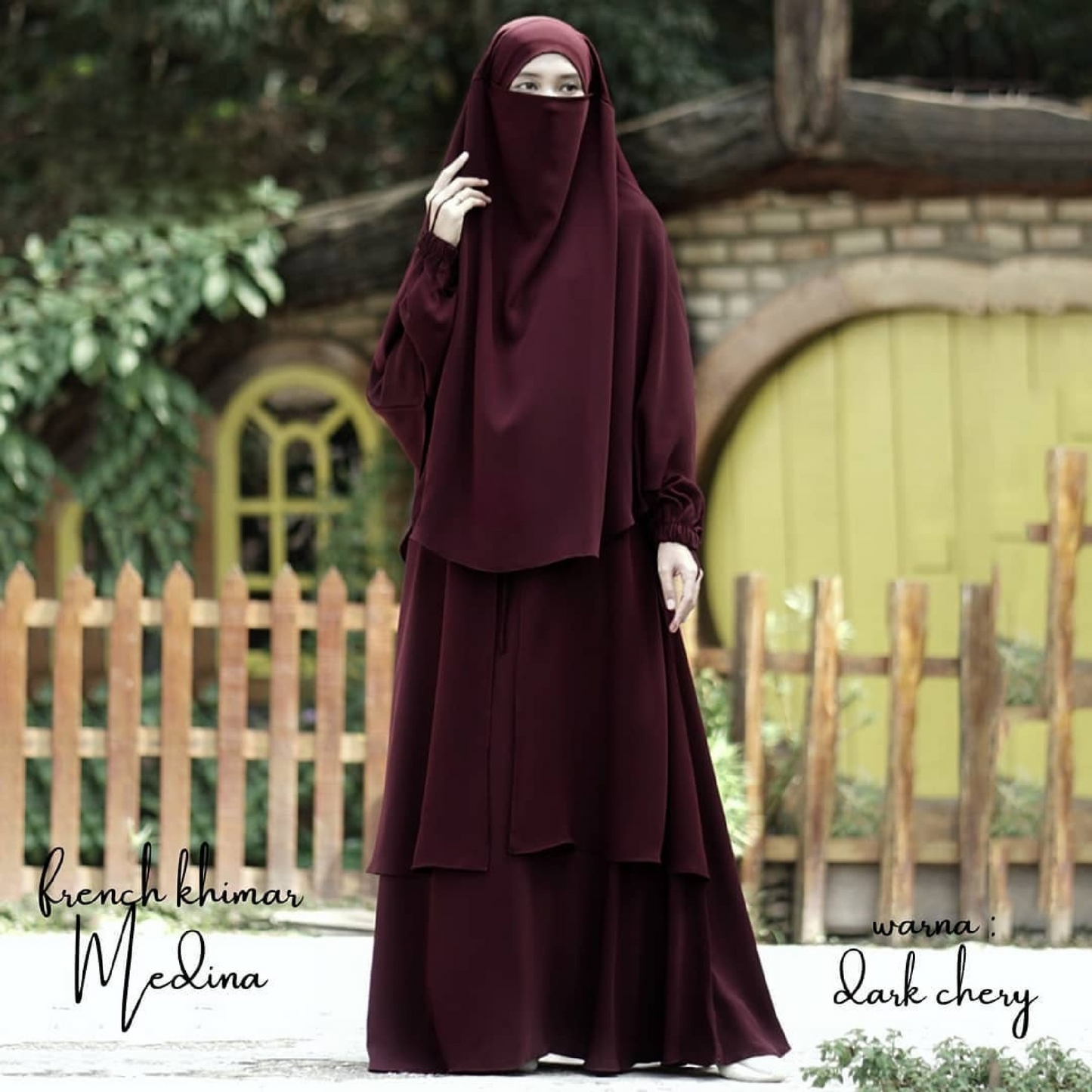 Abaya Medina in Dark Cherry Color with Anti-UV Fabric Transformer French Khimar Free Half Niqab