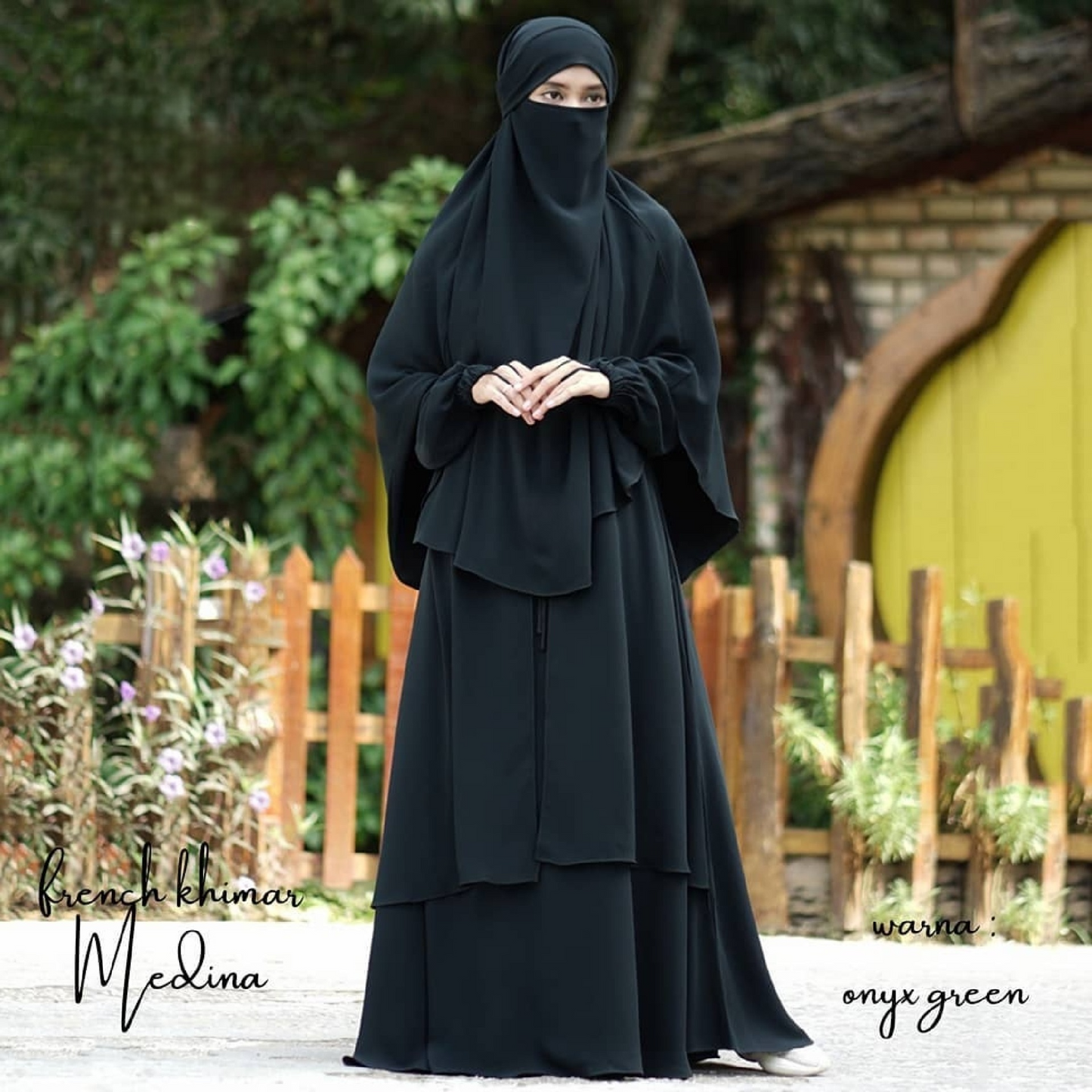 Abaya Medina in Onyx Green Color with Anti-UV Fabric Transformer French Khimar Free Half Niqab