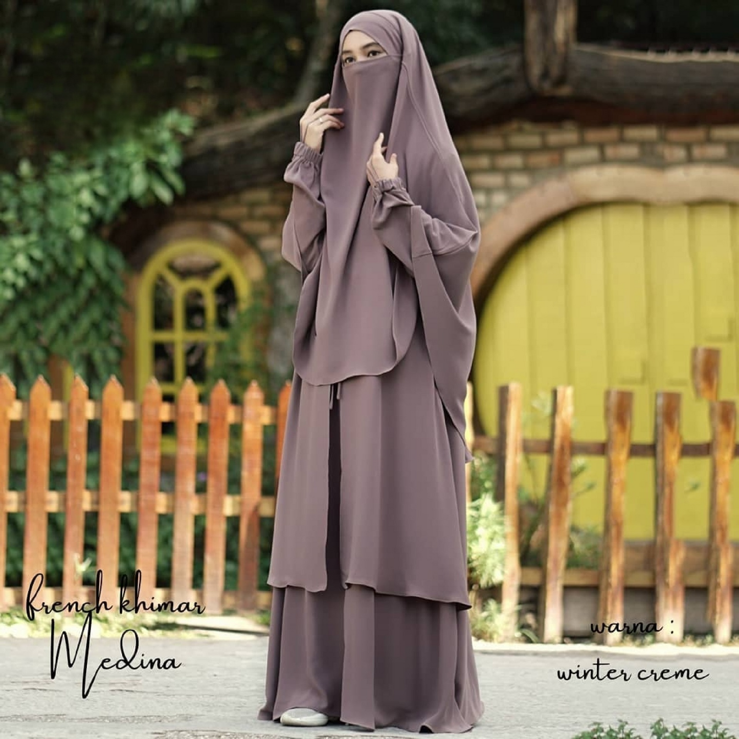 Abaya Medina in Winter Creme Color with Anti-UV Fabric Transformer French Khimar Free Half Niqab