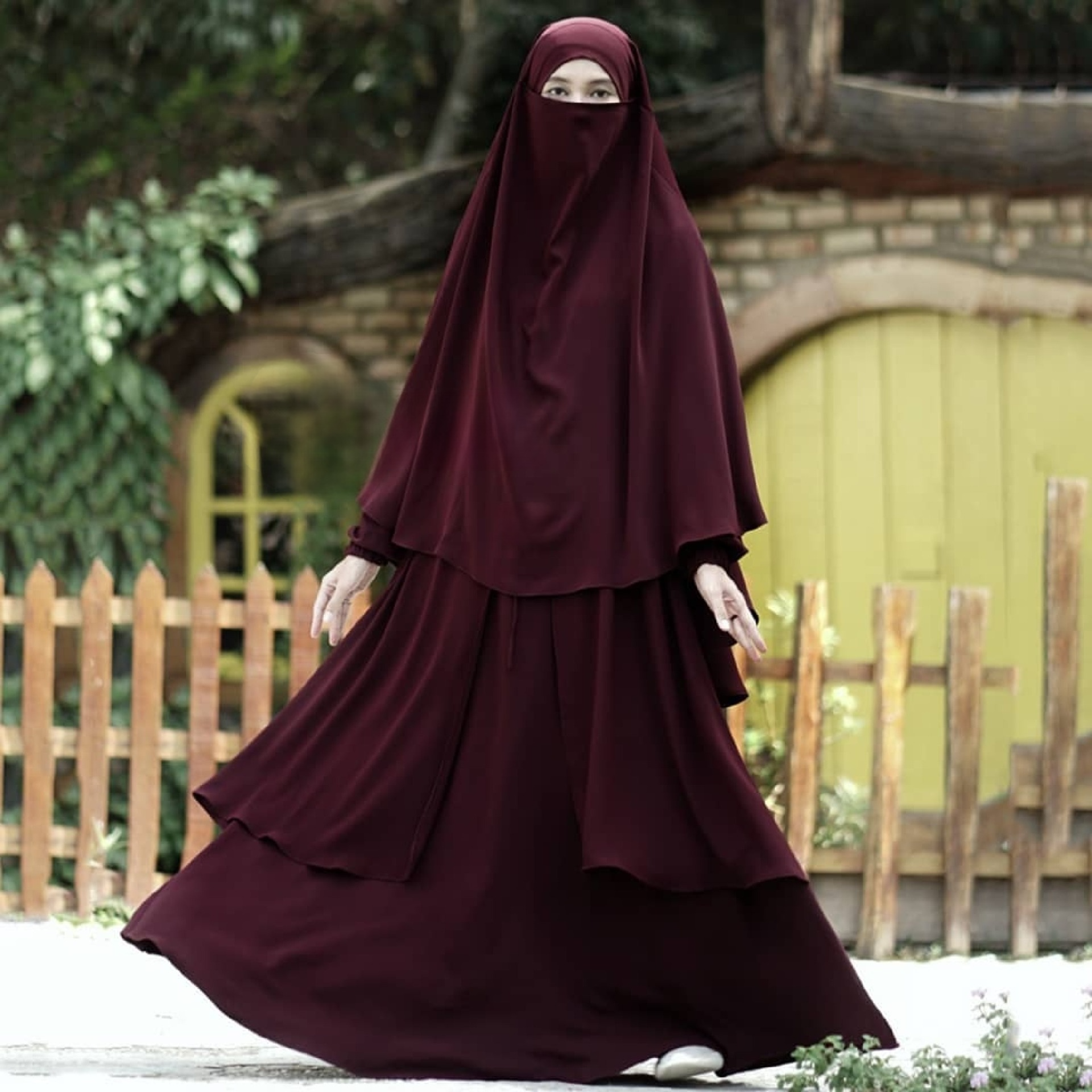 Abaya Medina in Dark Cherry Color with Anti-UV Fabric Transformer French Khimar Free Half Niqab