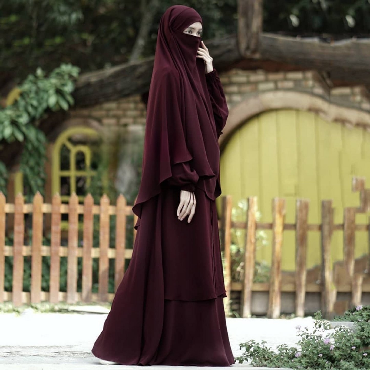 Abaya Medina in Dark Cherry Color with Anti-UV Fabric Transformer French Khimar Free Half Niqab