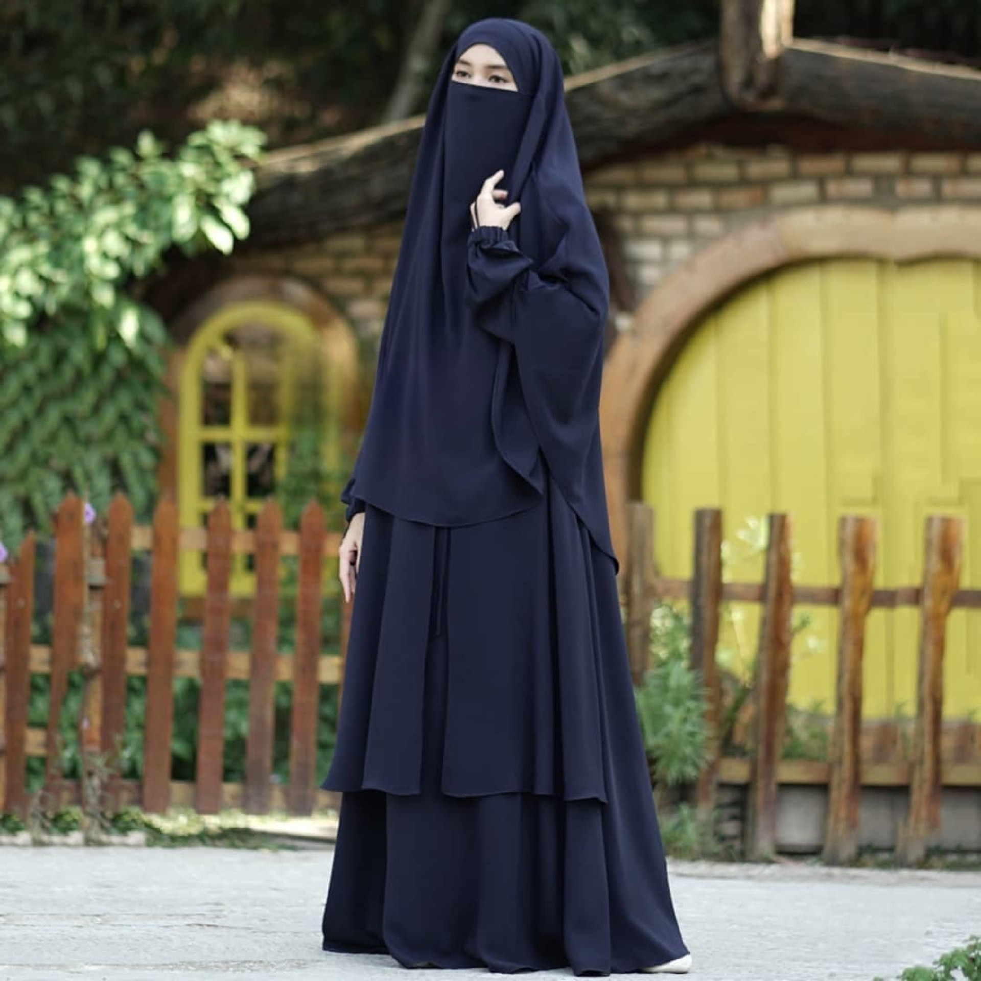 Abaya Medina in Midnight Navy Color with Anti-UV Fabric Transformer French Khimar Free Half Niqab