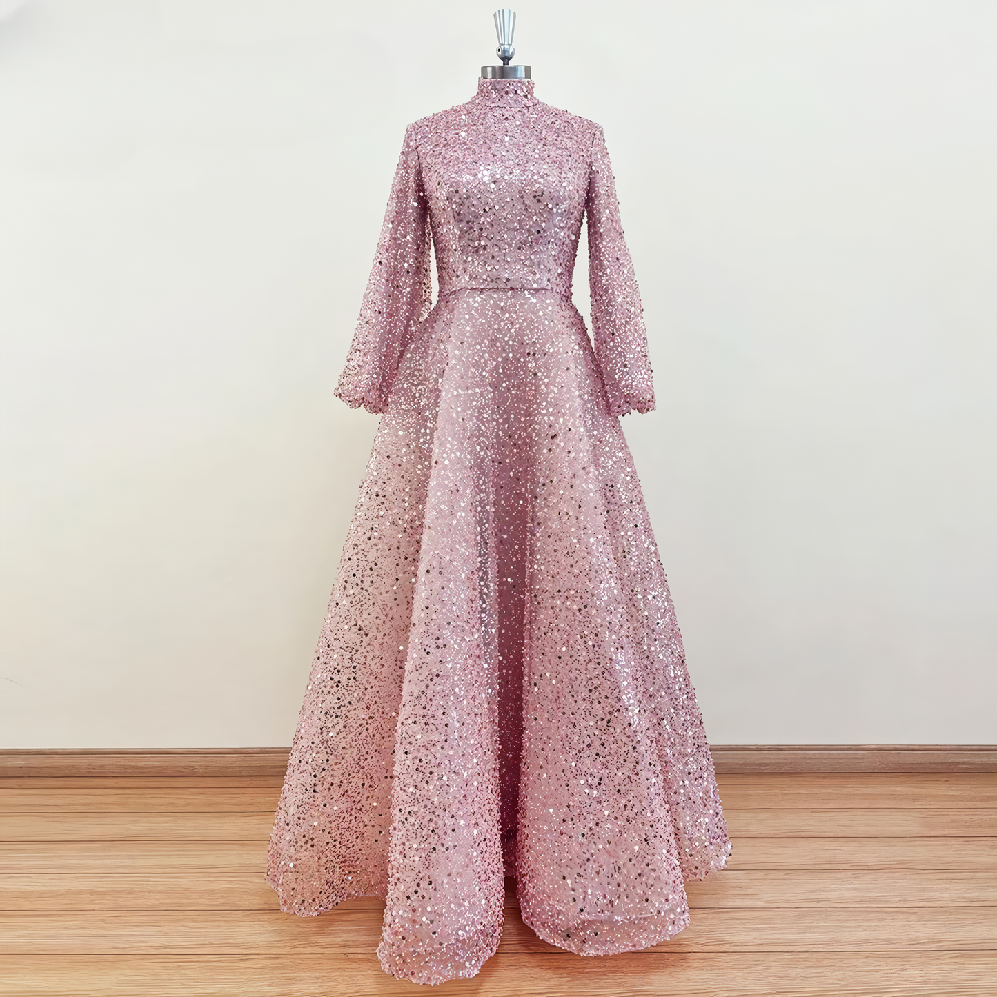 Alesyari Shop I 2023 Dubai A-Line Evening Wedding Gown for Muslim Women High Neck Long Sleeve Plus Size Sequined Formal Party Prom Dress