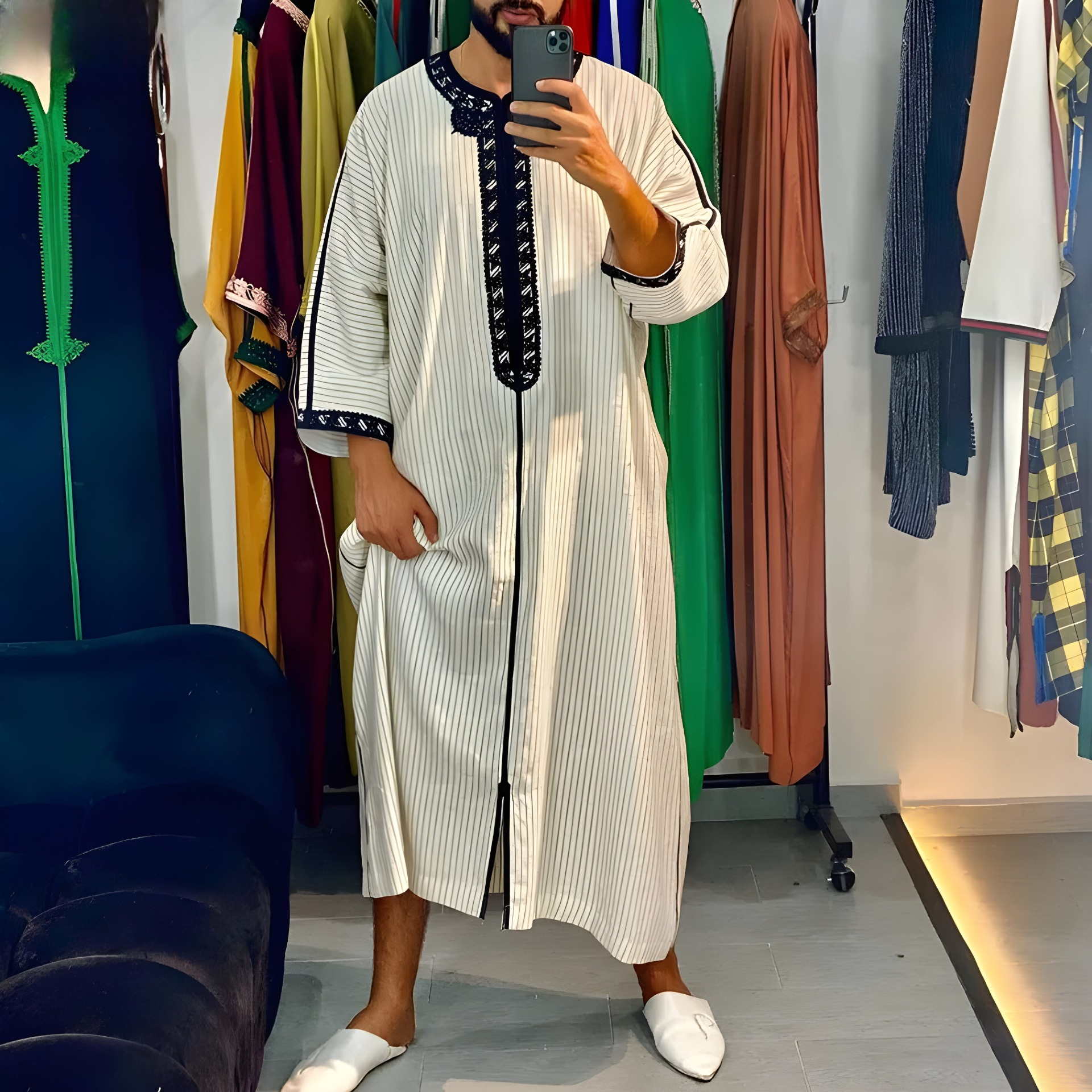 New 2023 Traditional Muslim Clothing Eid Middle East Jubba Thobe Men Thobe Arab Muslim Robes with Long Sleeves Gifts for Husband