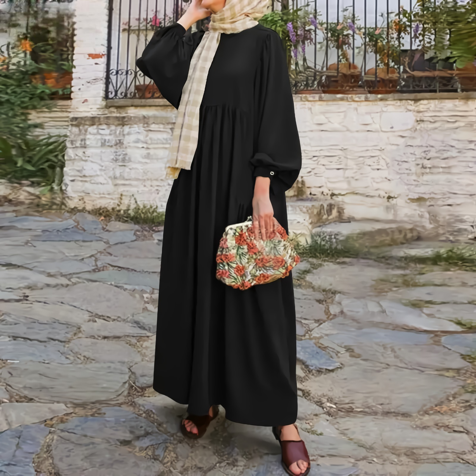 Abaya Turkey Hijab Dress Retro Muslim Dress Women Long Puff Sleeve Dubai Sundress Robe Casual Solid Islamic Clothing