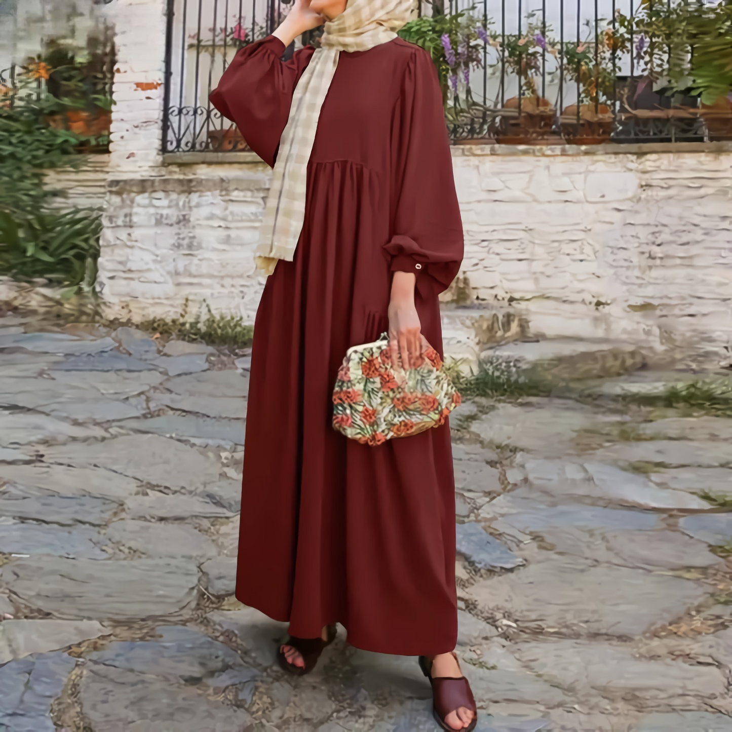 Abaya Turkey Hijab Dress Retro Muslim Dress Women Long Puff Sleeve Dubai Sundress Robe Casual Solid Islamic Clothing