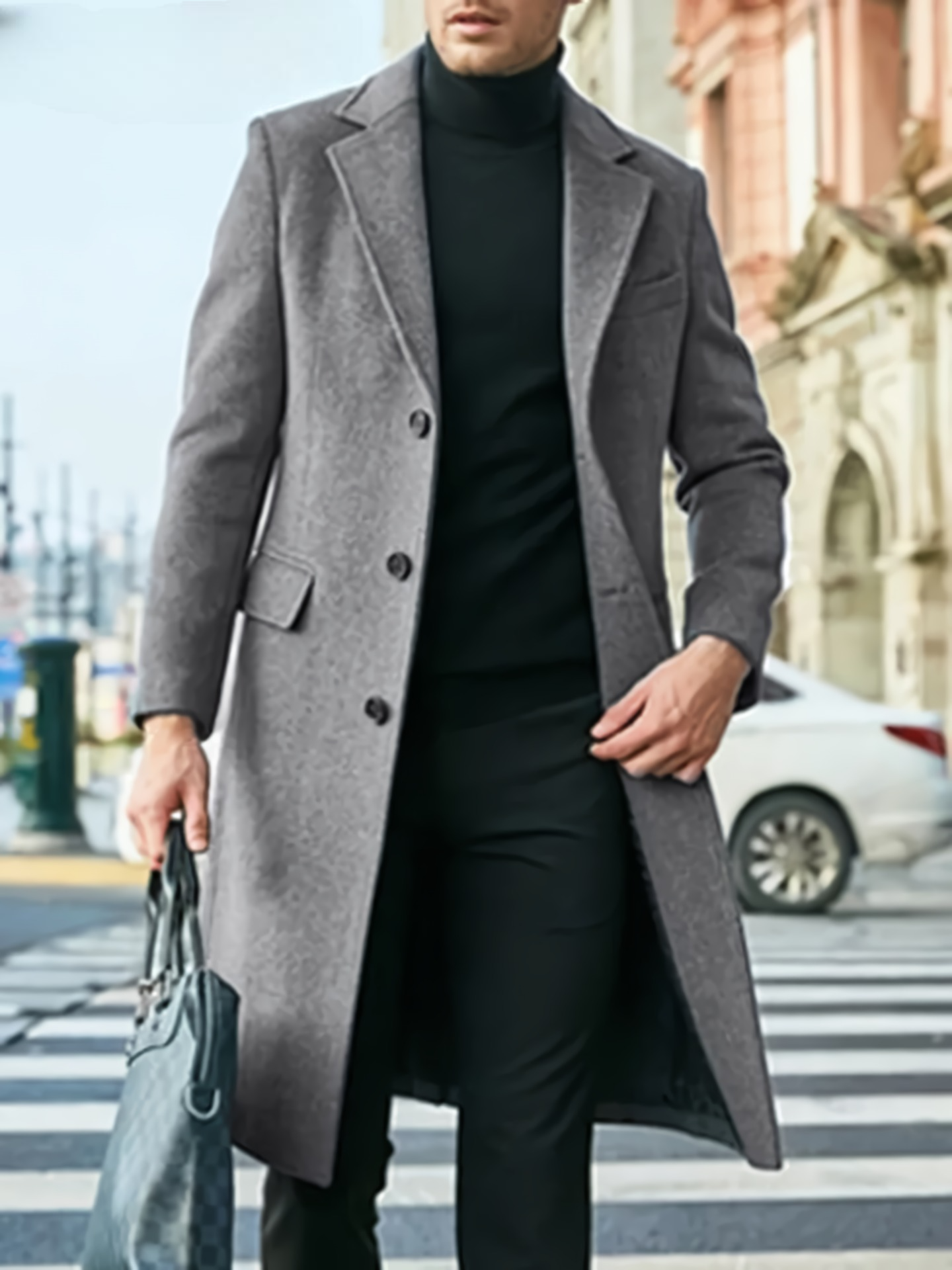 Men's Winter Woolen Coat Single Breasted Slim Fit Long Overcoat Solid Lapel Collar Autumn Winter Streetwear Jackets