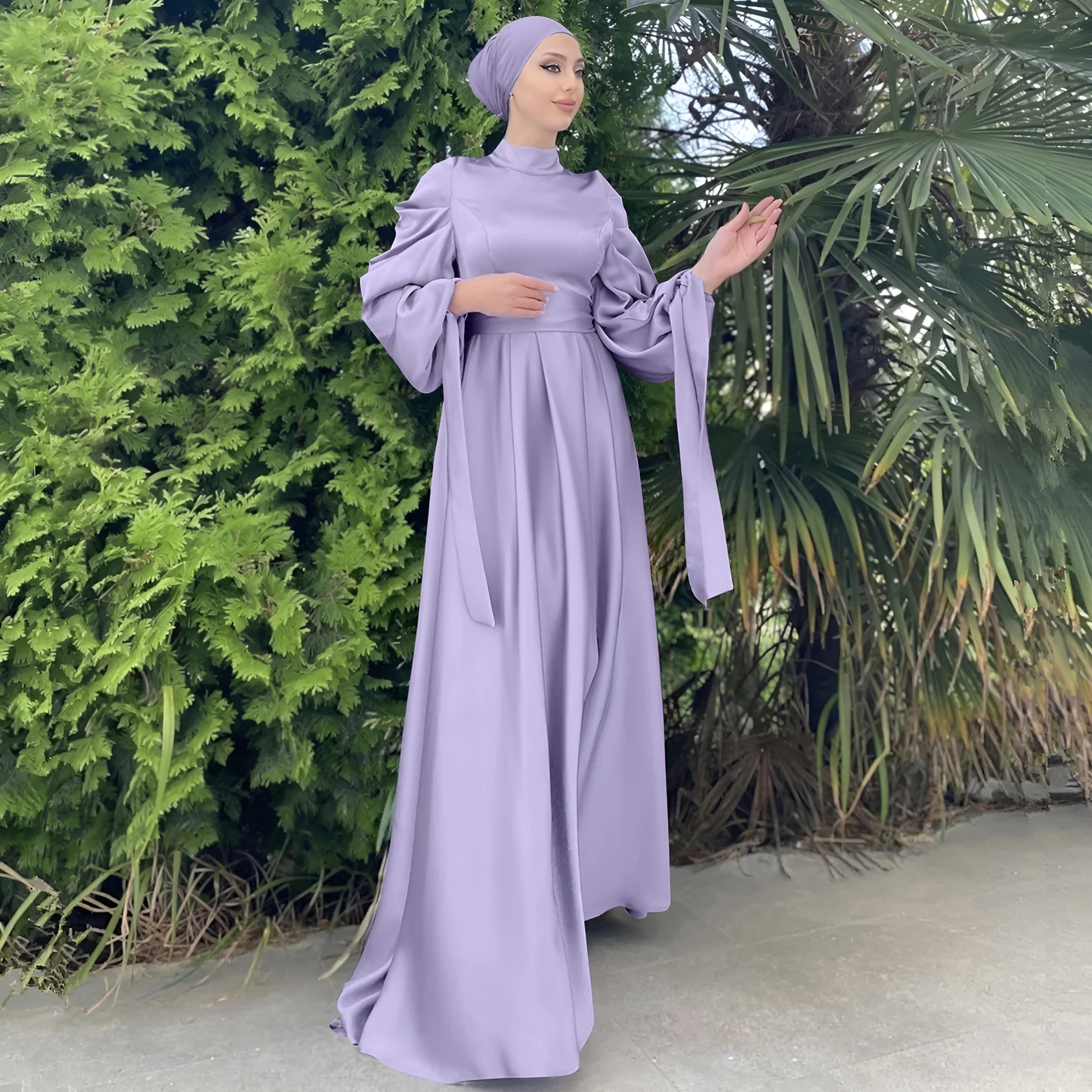 Alesyari Shop I Islamic Satin Dress with Balloon Sleeves and Ribbon, perfect for Eid Mubarak and Turkish style