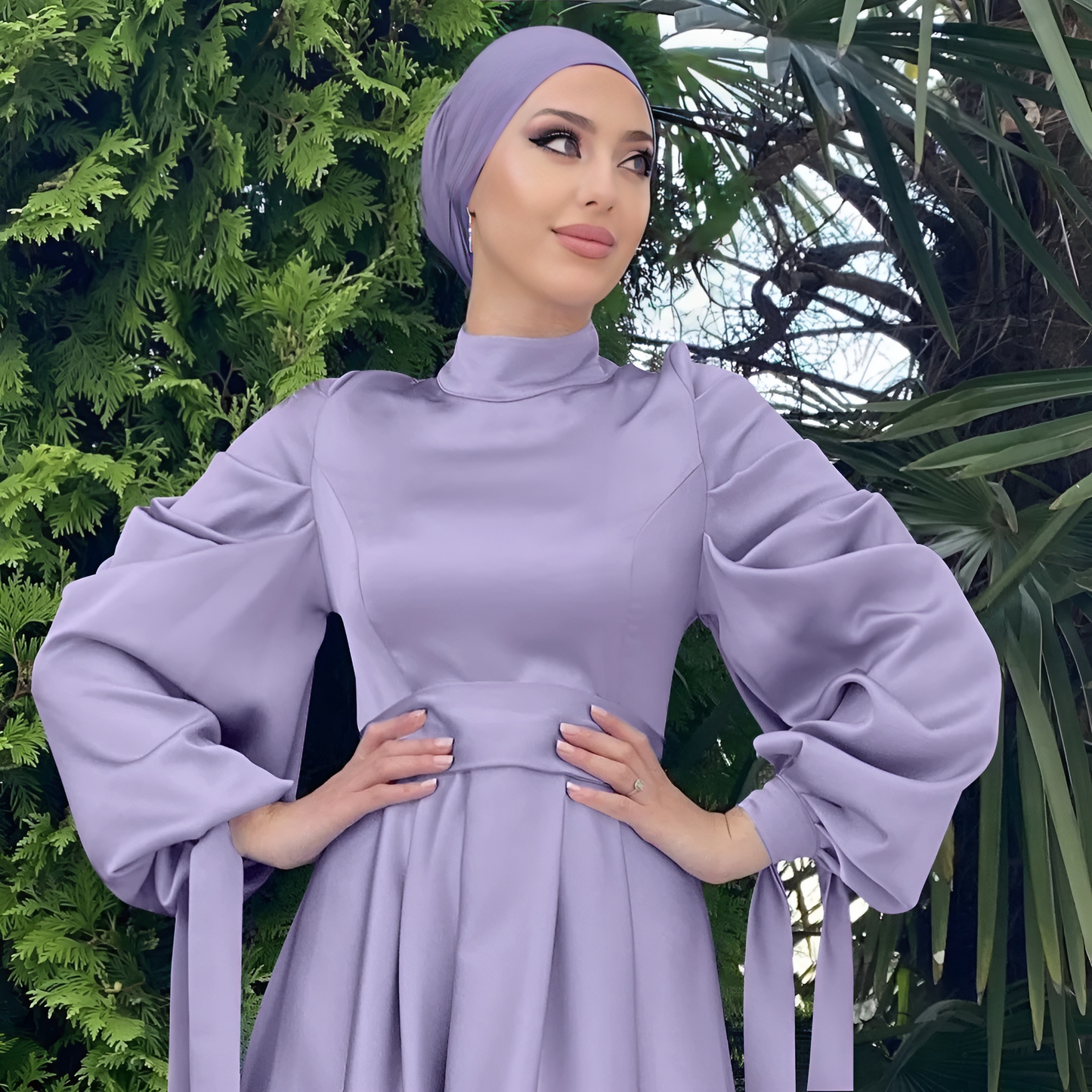 Alesyari Shop I Islamic Satin Dress with Balloon Sleeves and Ribbon, perfect for Eid Mubarak and Turkish style