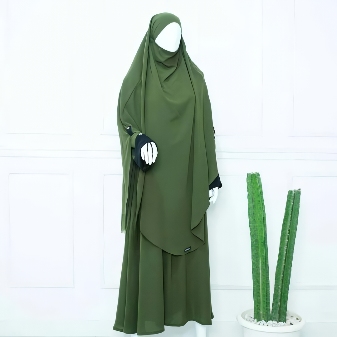 Alesyari Shop I Dark Olive Abaya Set: Perfect for Ramadan and Eid Fitr, Modest Design with Premium French Khimar