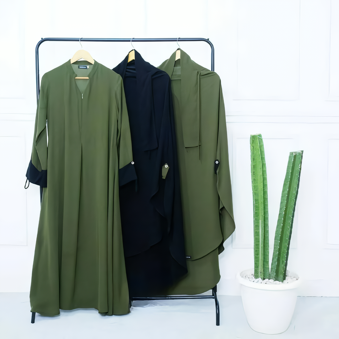 Alesyari Shop I Dark Olive Abaya Set: Perfect for Ramadan and Eid Fitr, Modest Design with Premium French Khimar