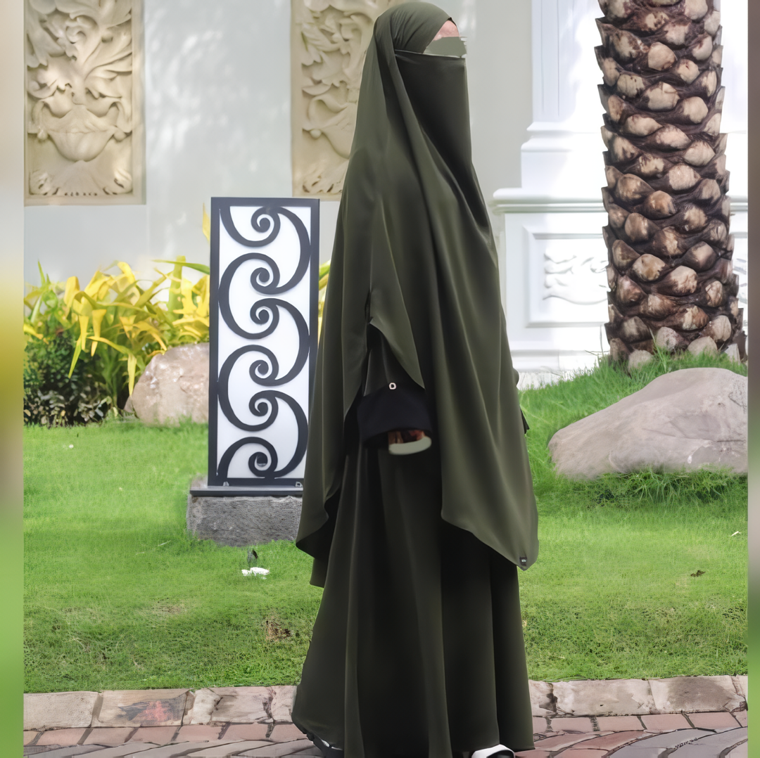 Alesyari Shop I Dark Olive Abaya Set: Perfect for Ramadan and Eid Fitr, Modest Design with Premium French Khimar