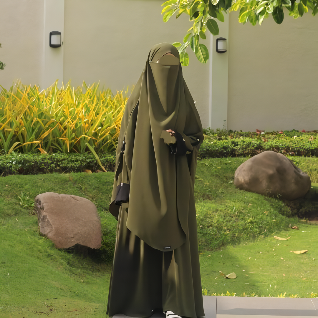 Alesyari Shop I Dark Olive Abaya Set: Perfect for Ramadan and Eid Fitr, Modest Design with Premium French Khimar