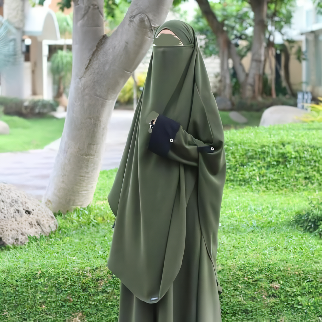 Alesyari Shop I Dark Olive Abaya Set: Perfect for Ramadan and Eid Fitr, Modest Design with Premium French Khimar